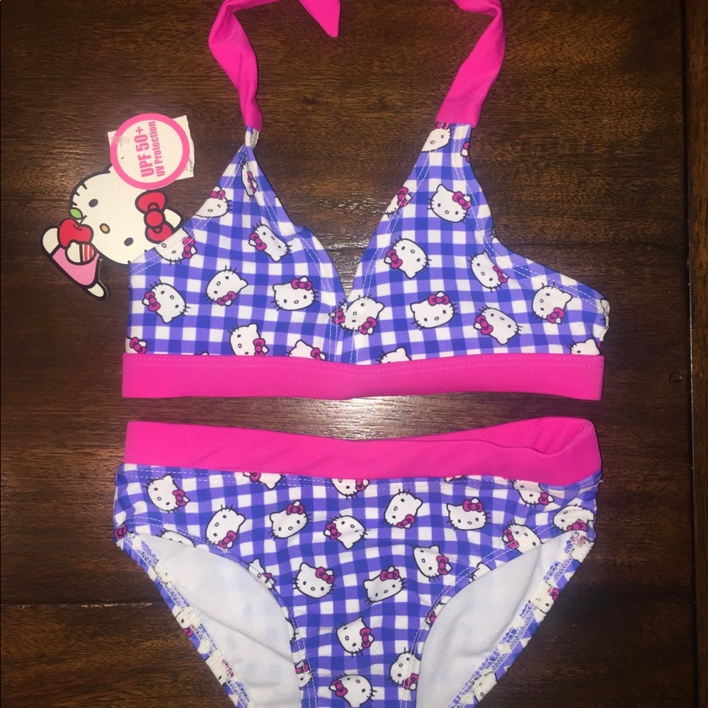 HELLO KITTY 2pc Bathingsuit Blue White Pink XS 3/4
